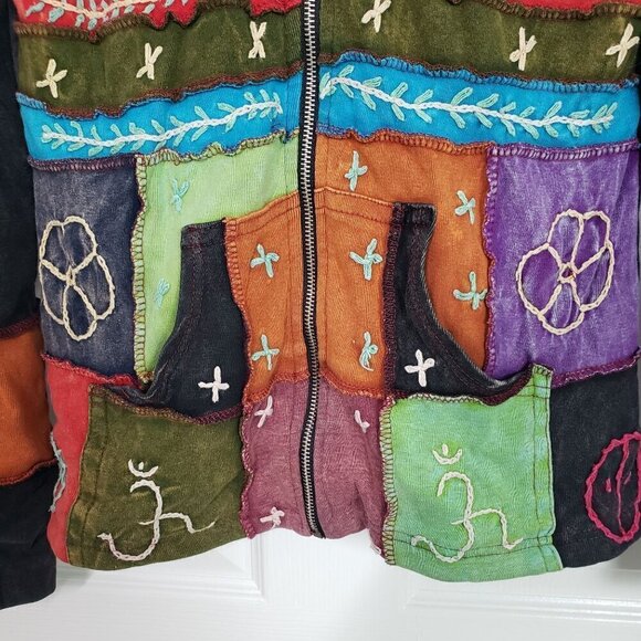 Rising International Patchwork Jacket Embroidered Hippie Boho Hooded Womens Sz L - Picture 3 of 9